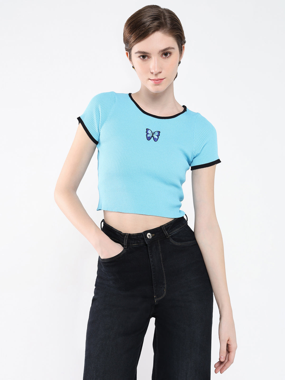 Women Solid Blue Fitted Crop Top