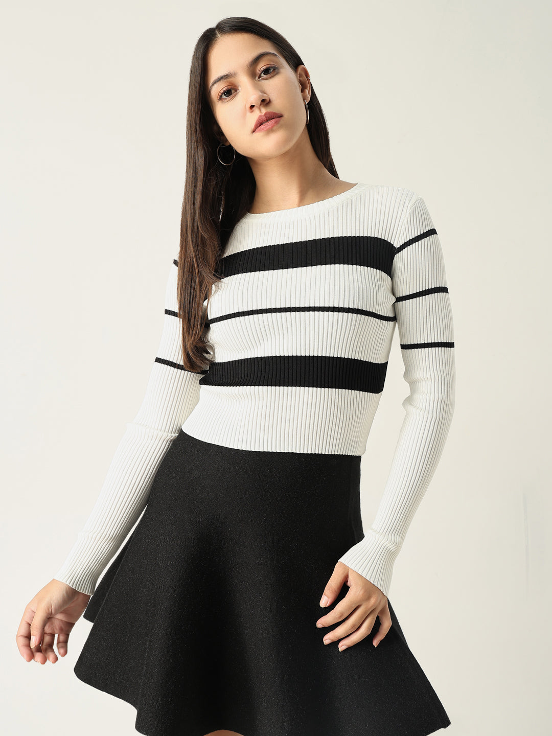 Women Striped White Fitted Top