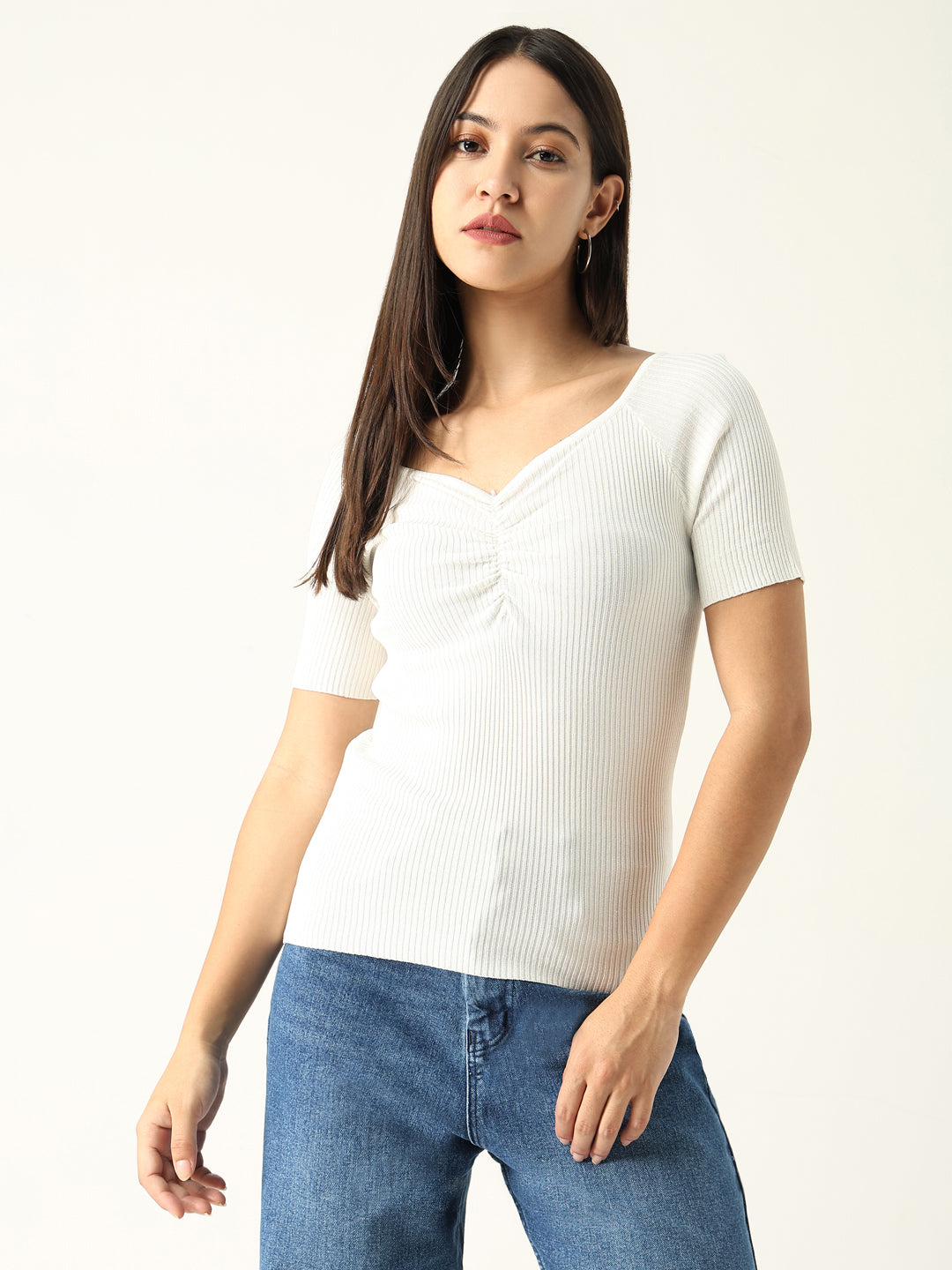 Women Solid White Fitted Top