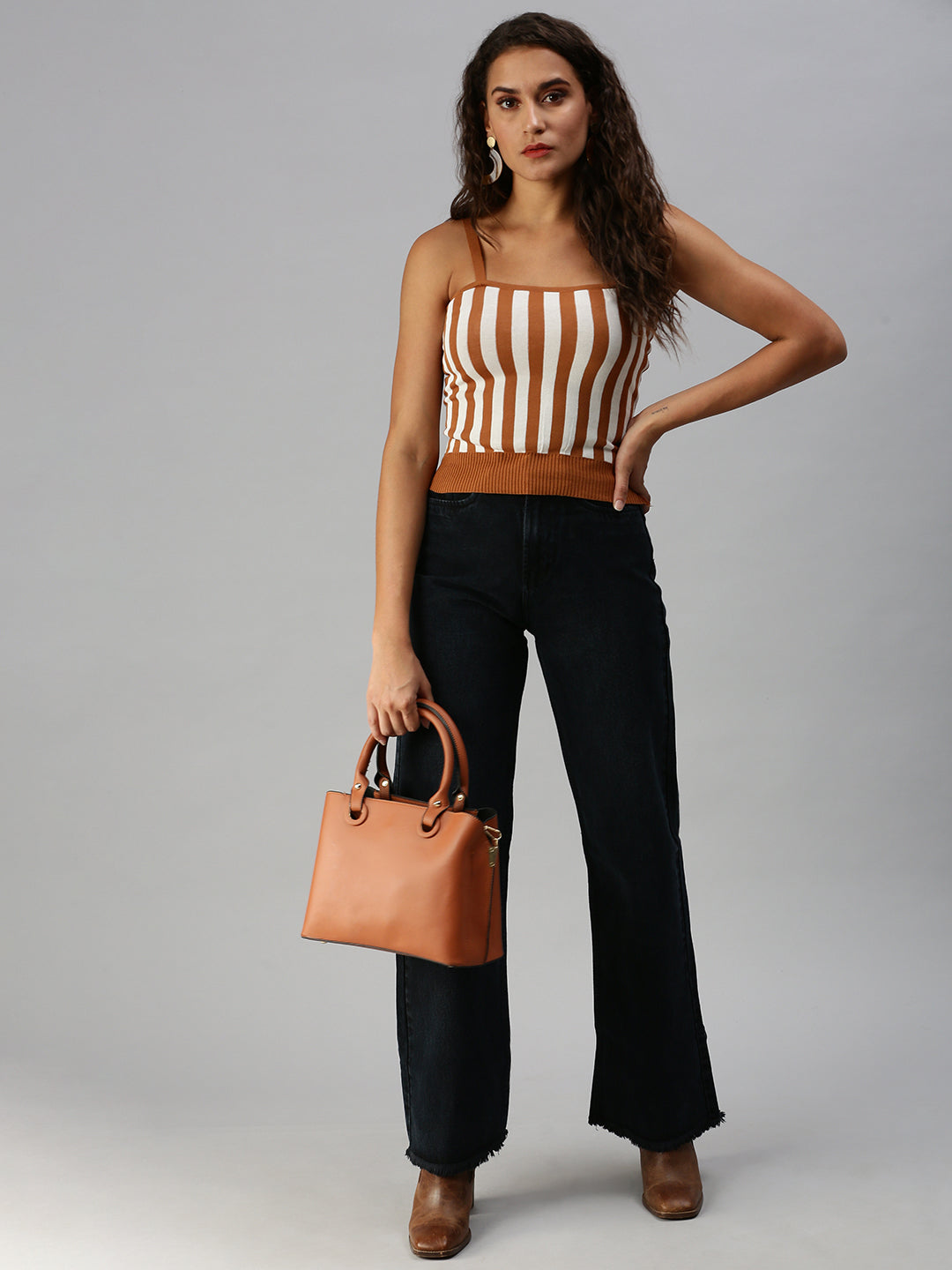 Women Shoulder Straps Striped Brown Fitted Top