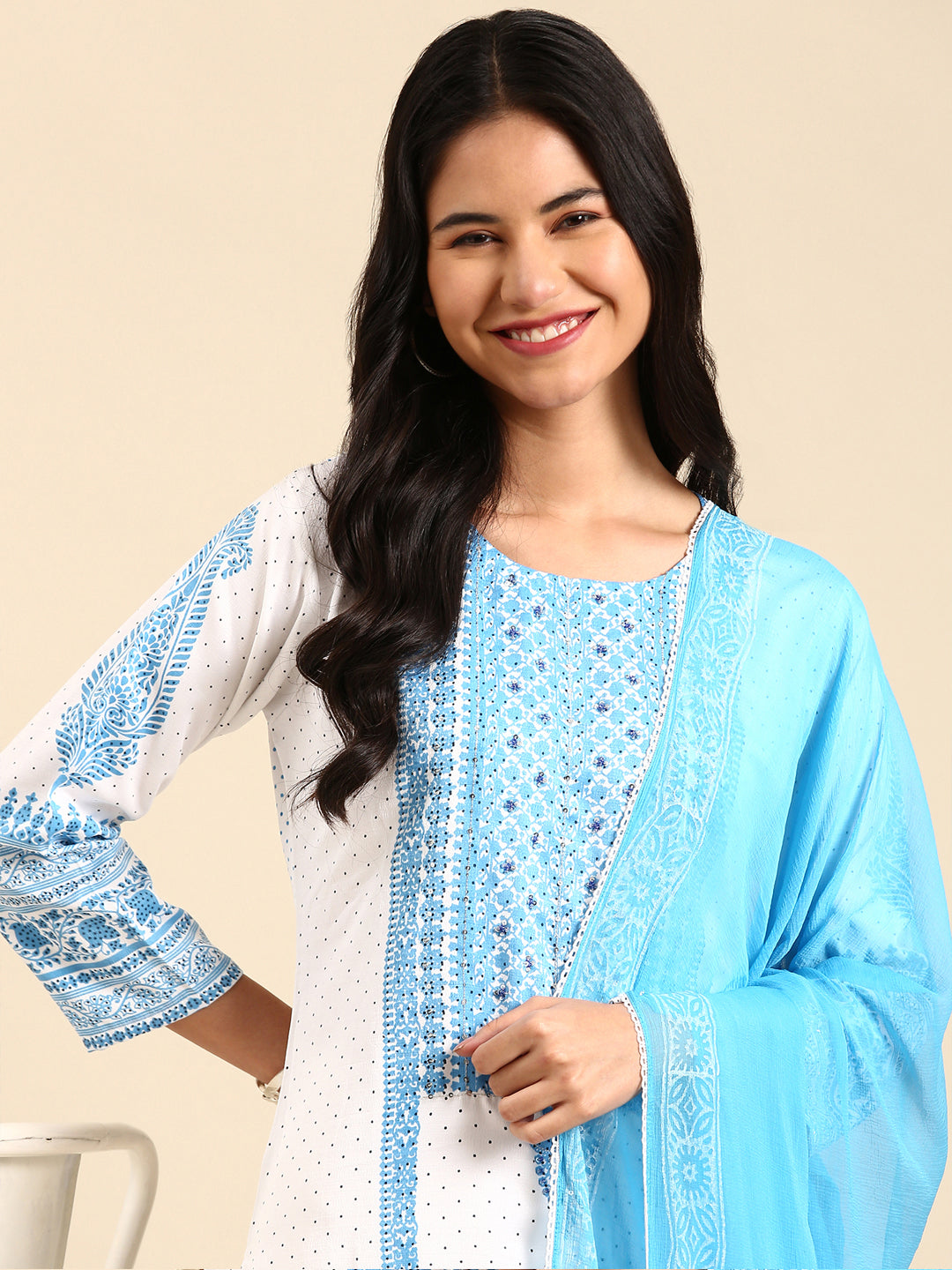 Women Graphic White Straight Kurta Set with Dupatta