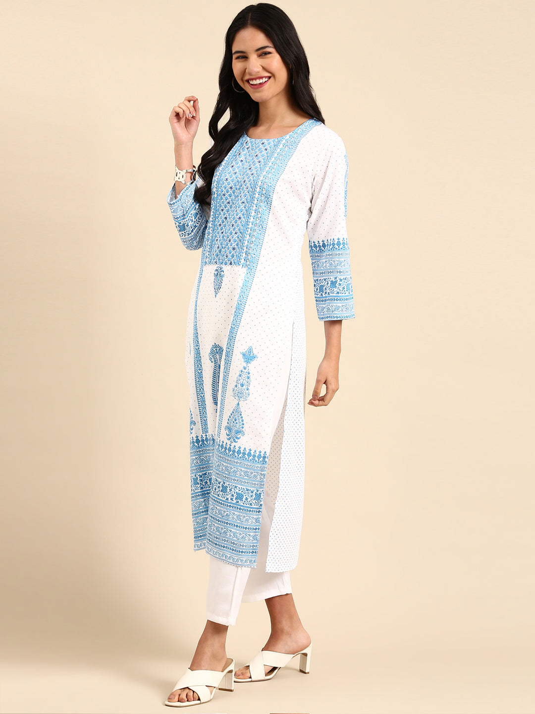 Women Graphic White Straight Kurta Set with Dupatta