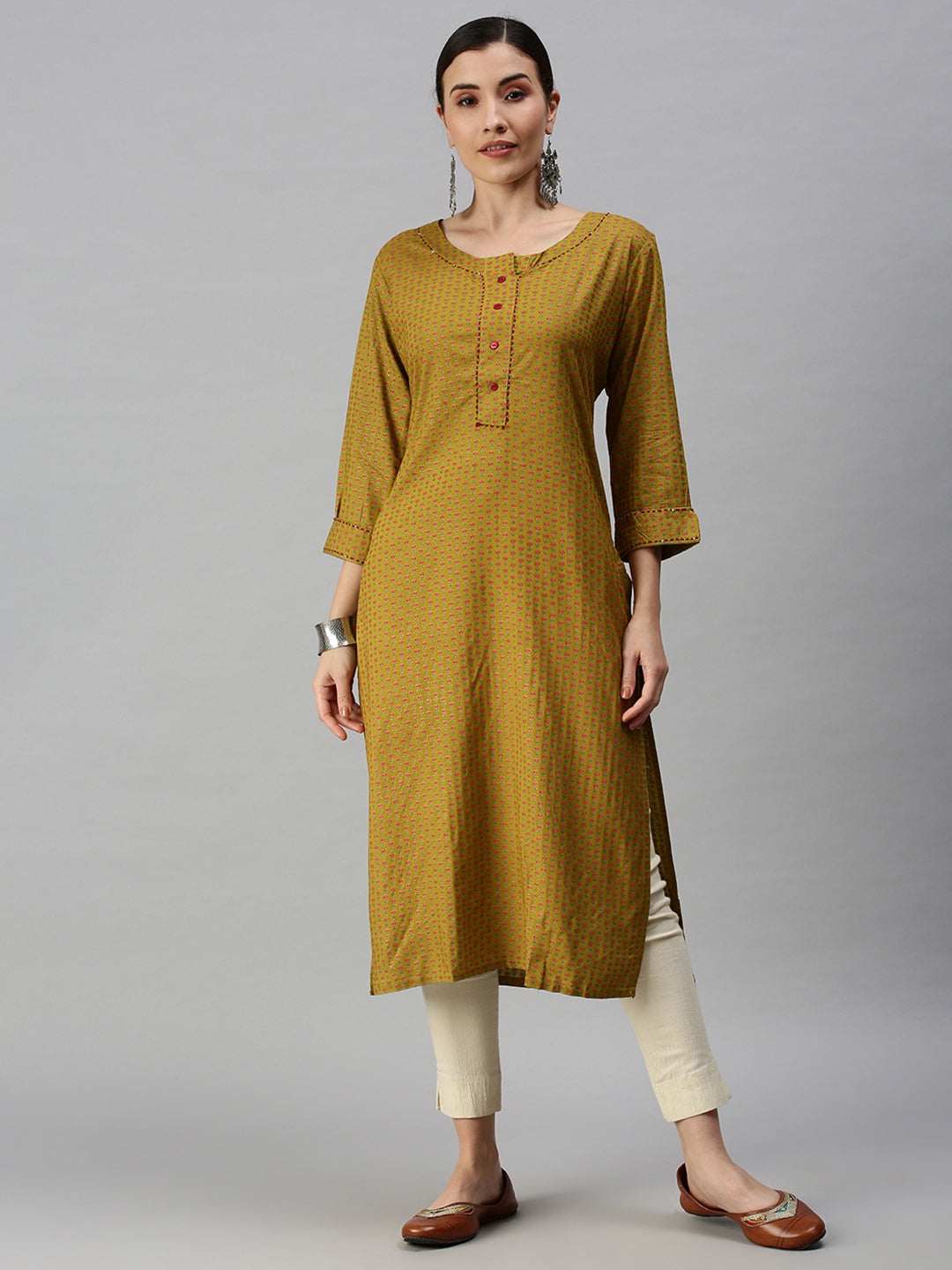 Women Printed Green Straight Kurta