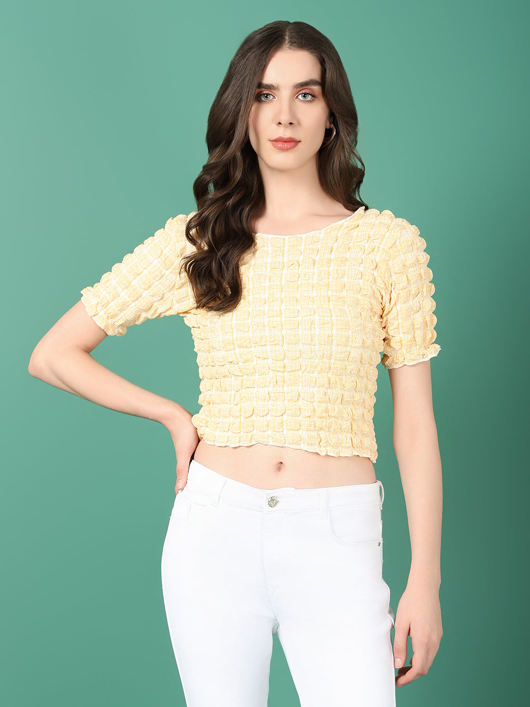 Women Yellow Solid Crop Top