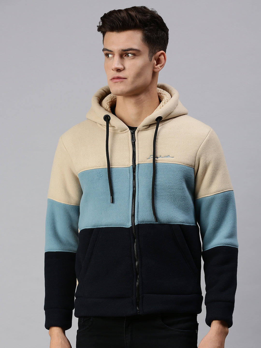 Men Hooded Colourblocked Beige Sweatshirt