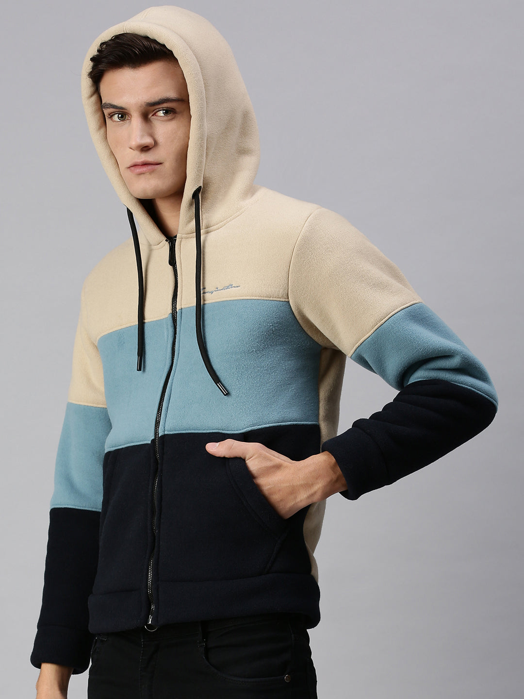 Men Hooded Colourblocked Beige Sweatshirt