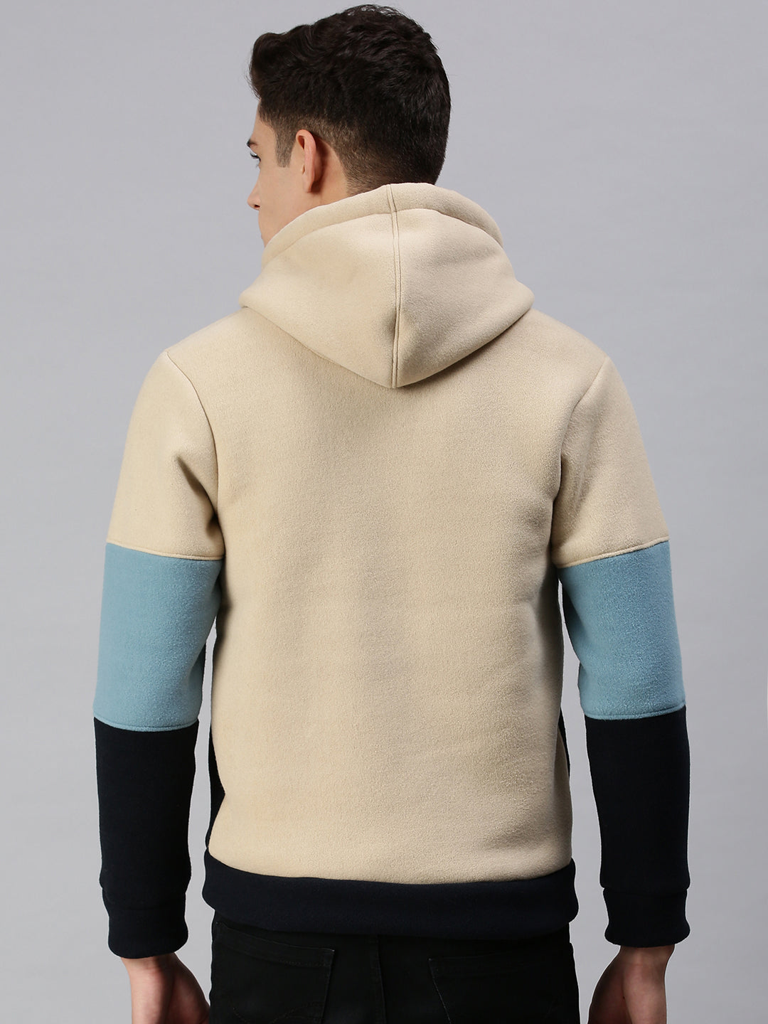 Men Hooded Colourblocked Beige Sweatshirt