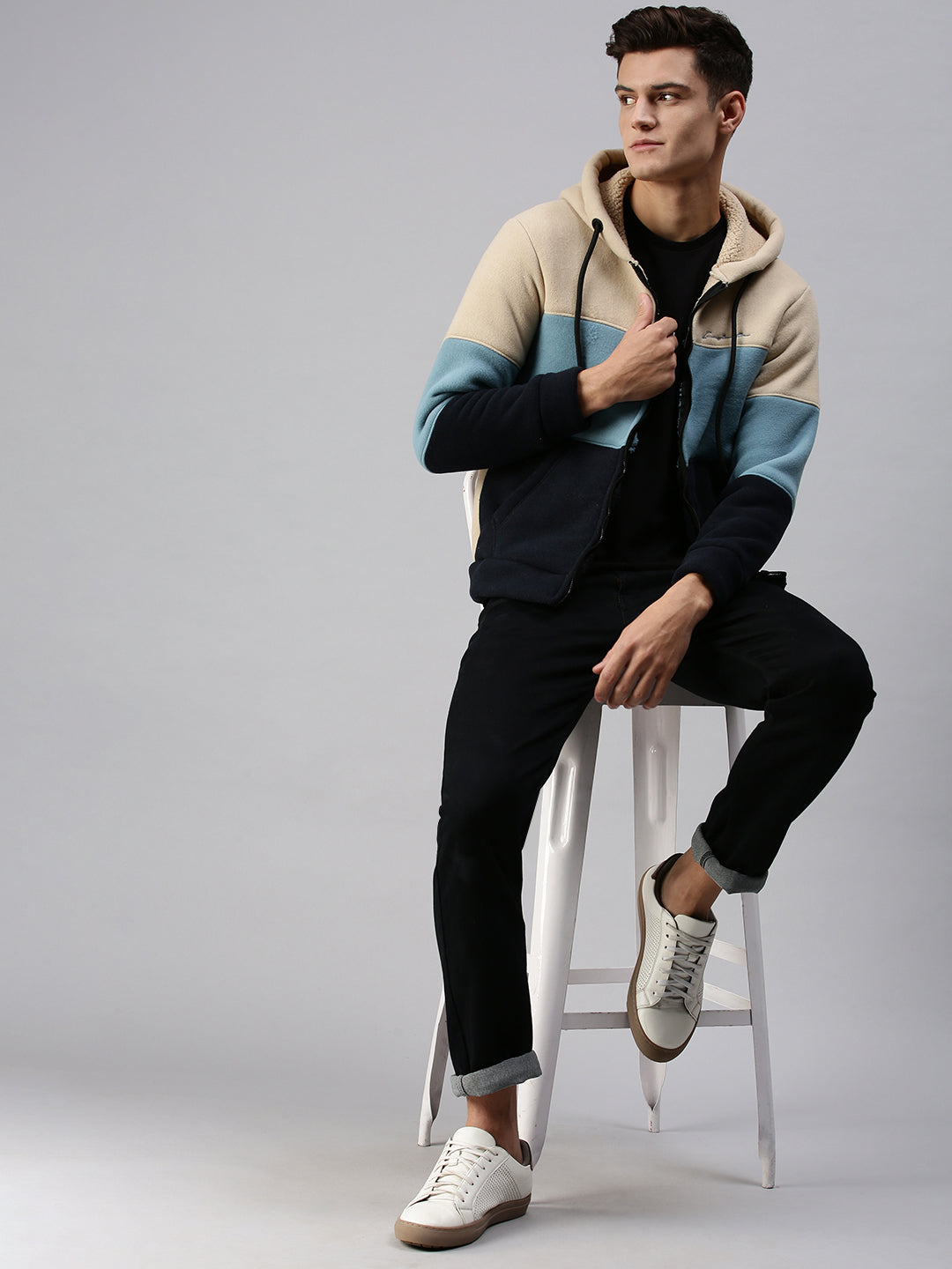 Men Hooded Colourblocked Beige Sweatshirt