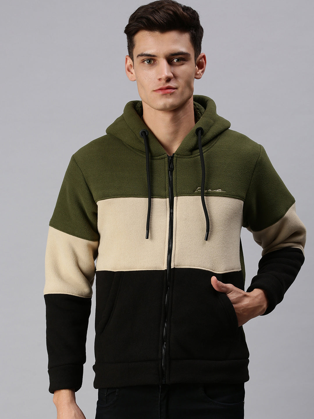 Men Hooded Colourblocked Green Sweatshirt