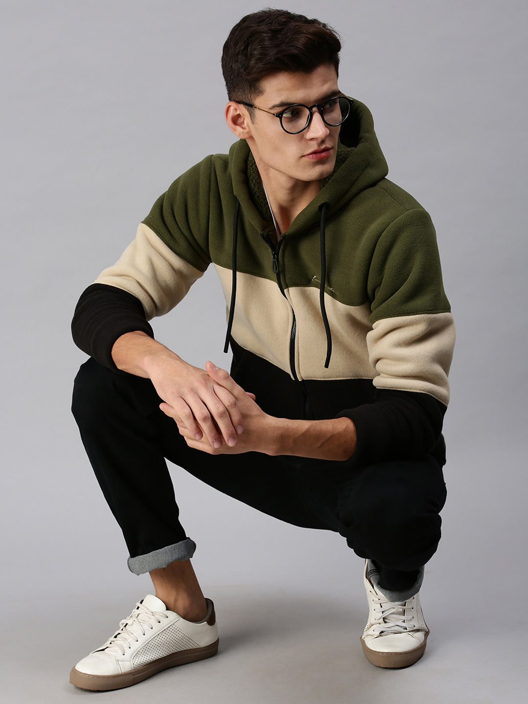 Men Hooded Colourblocked Green Sweatshirt