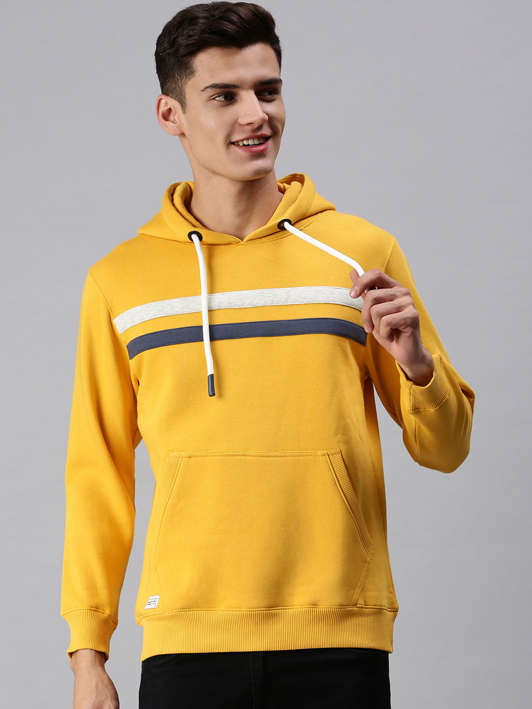 Men Hooded Solid Yellow Pullover