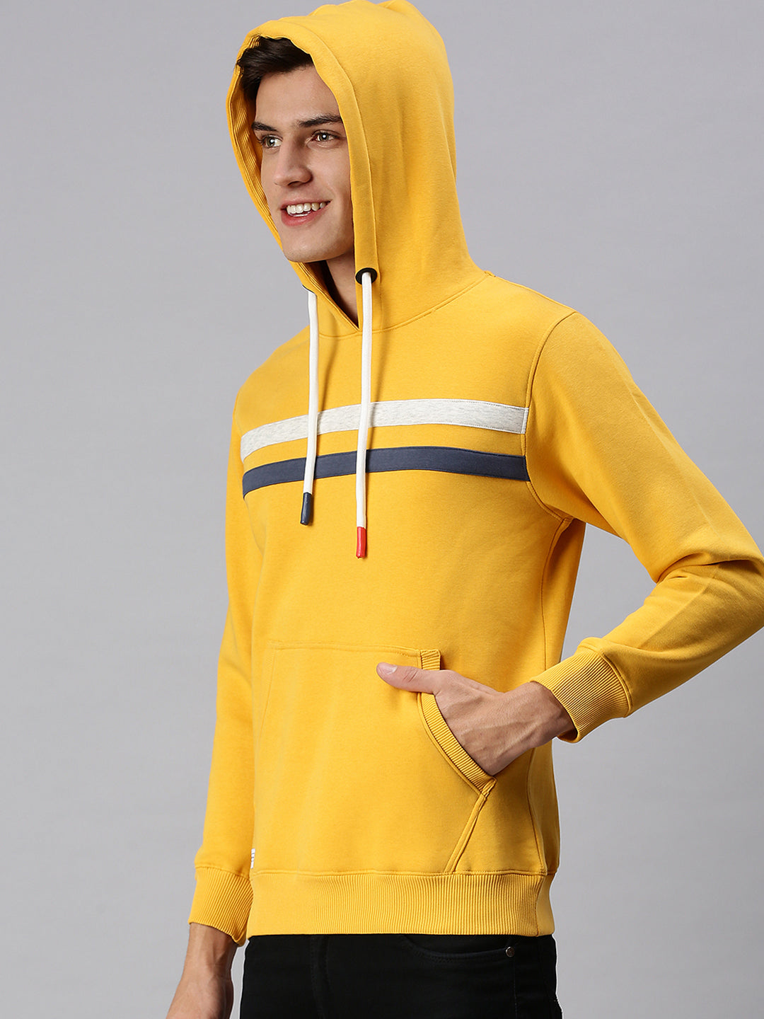 Men Hooded Solid Yellow Pullover