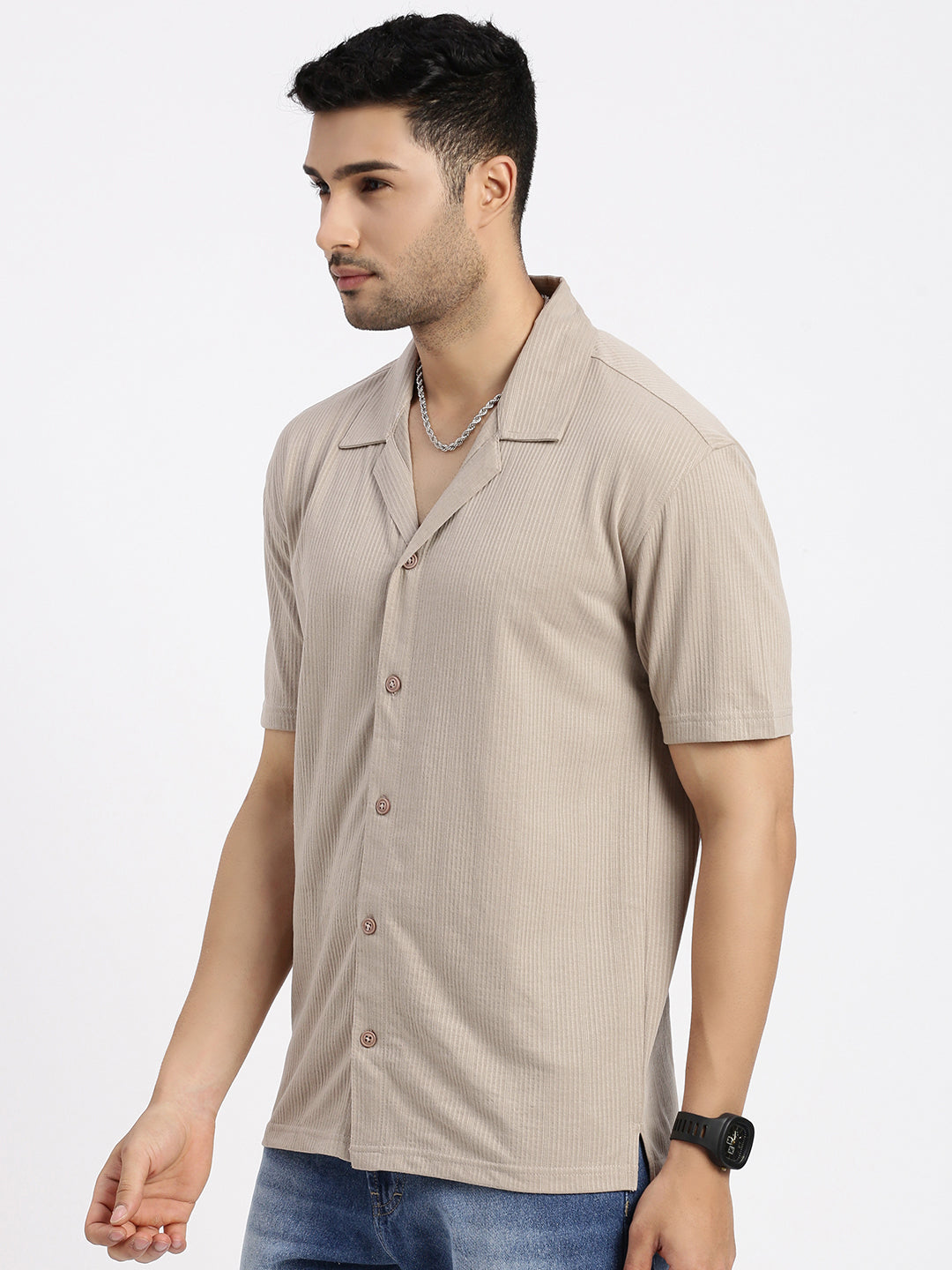 Men Beige Cuban Collar Solid Shirt