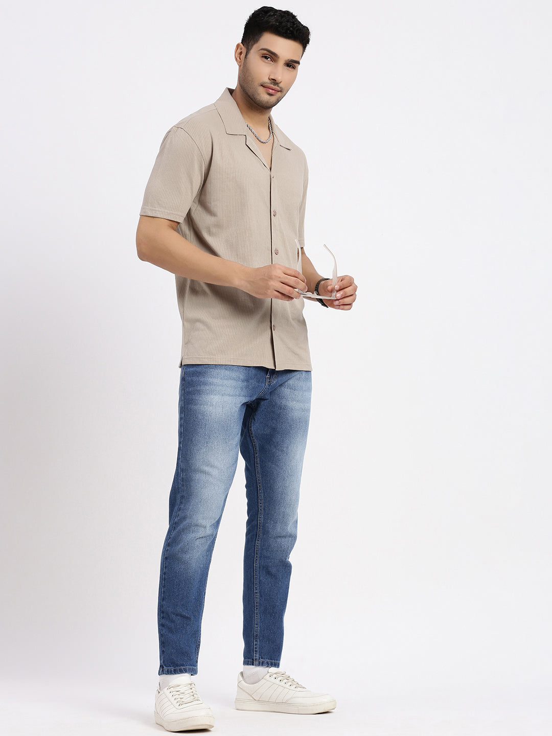 Men Beige Cuban Collar Solid Shirt