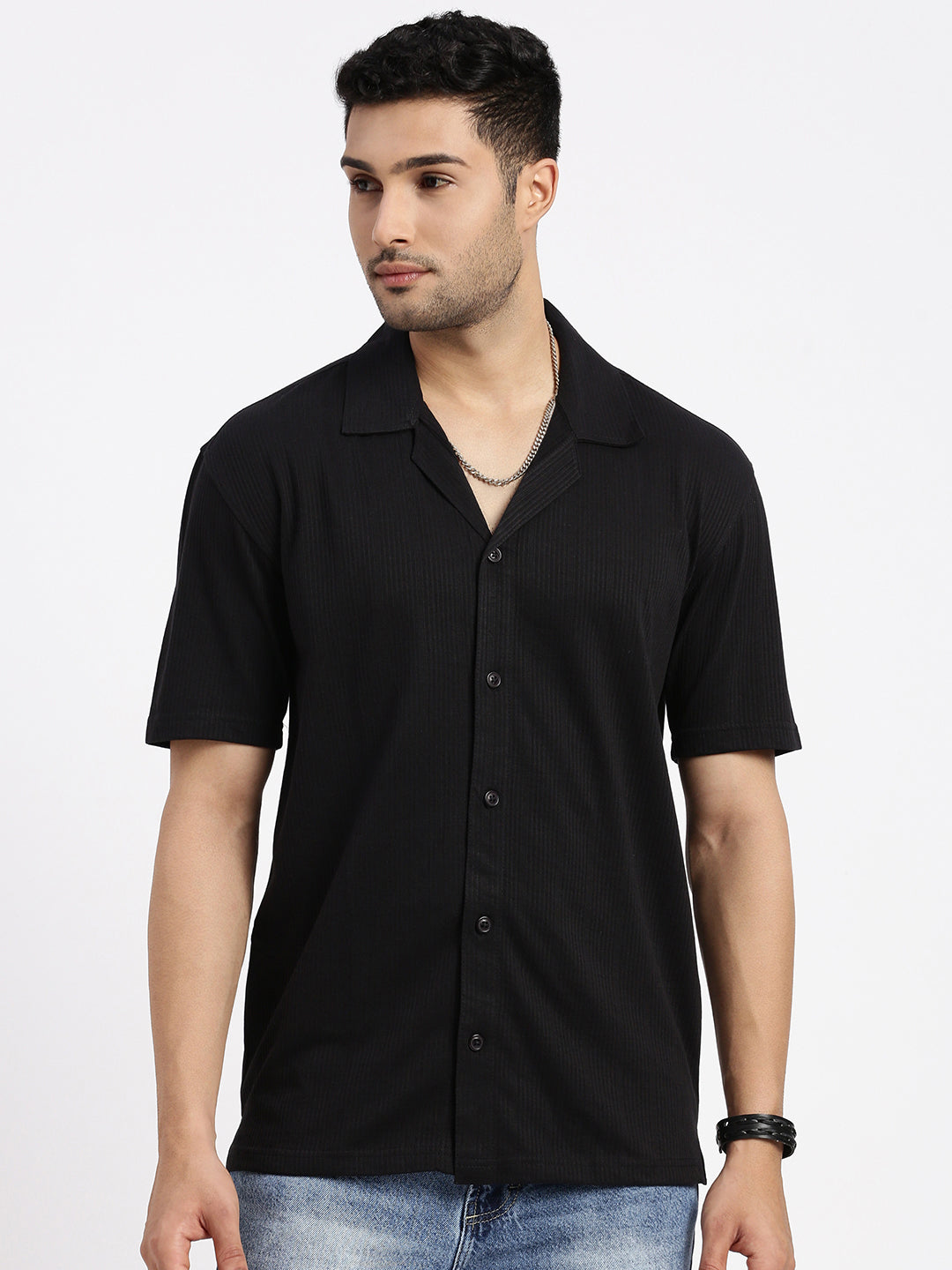 Men Black Cuban Collar Solid Shirt