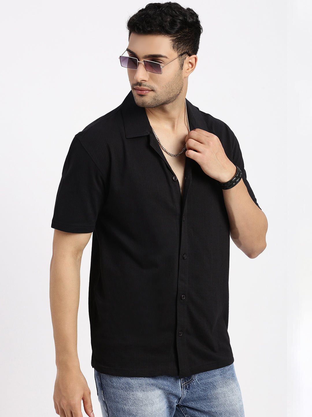 Men Black Cuban Collar Solid Shirt