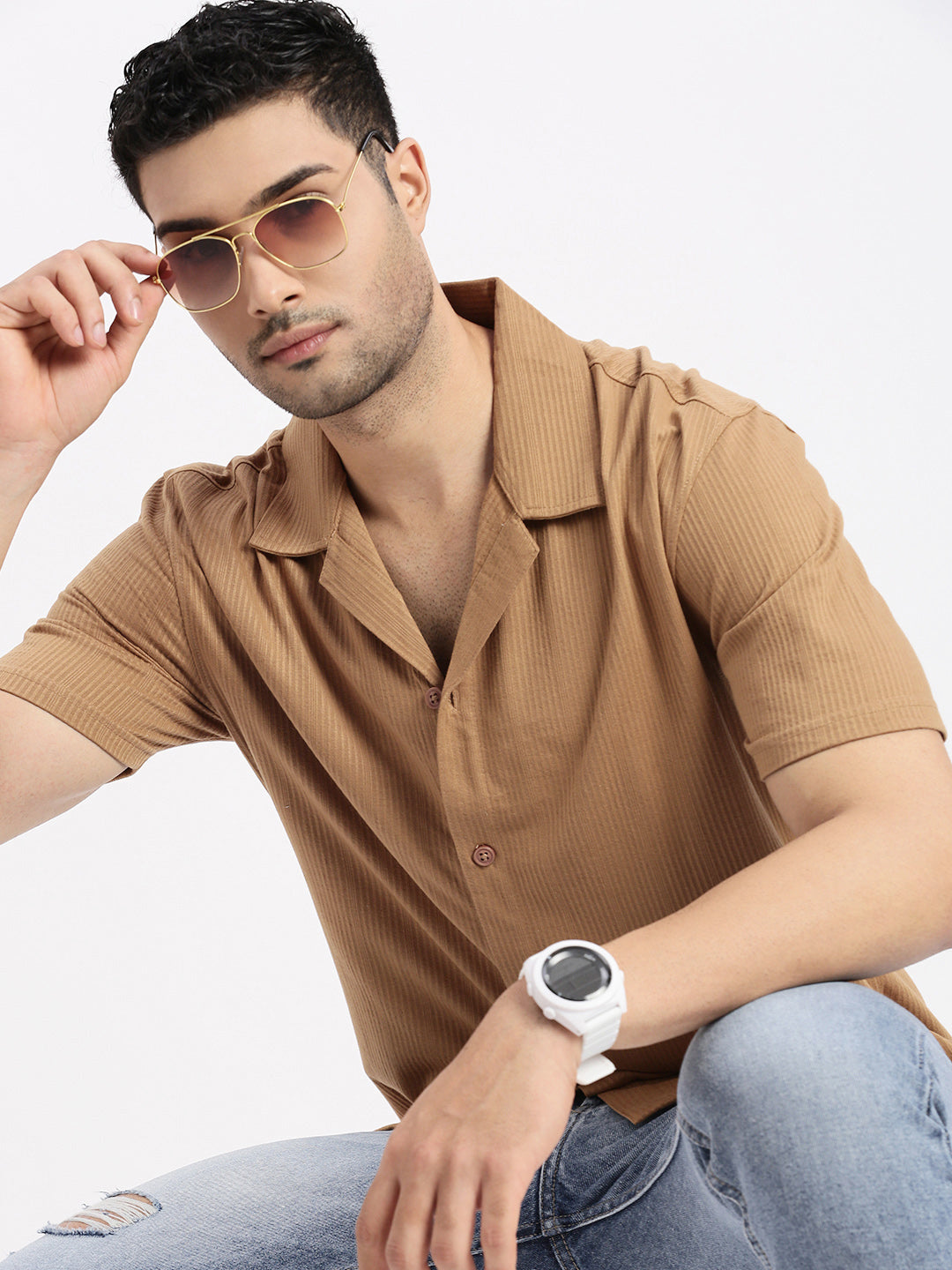 Men Brown Cuban Collar Solid Shirt