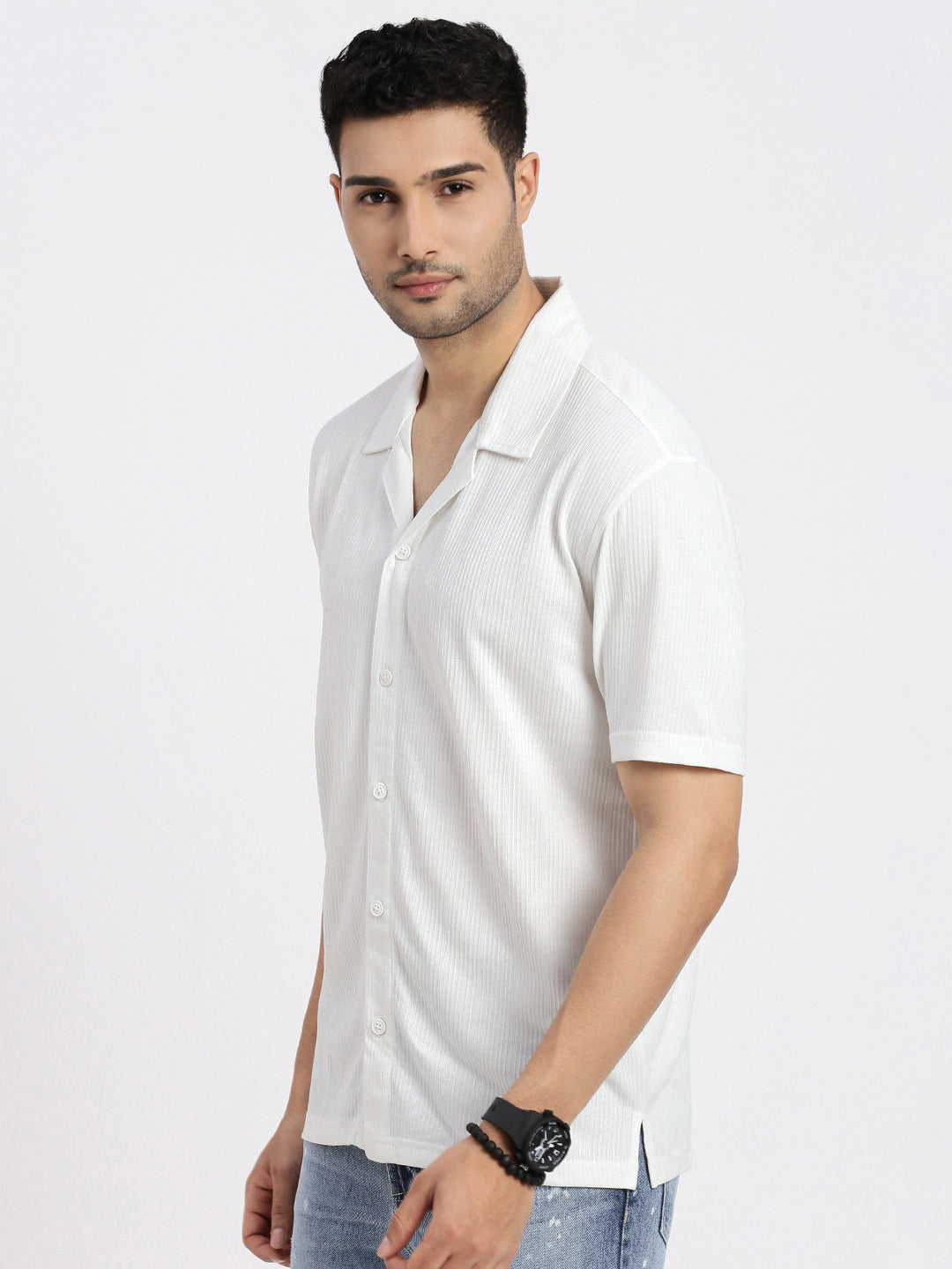 Men White Cuban Collar Solid Shirt