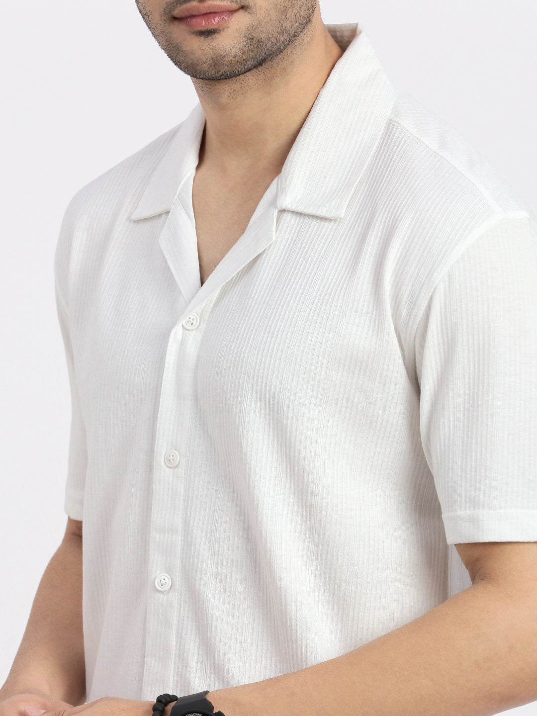 Men White Cuban Collar Solid Shirt