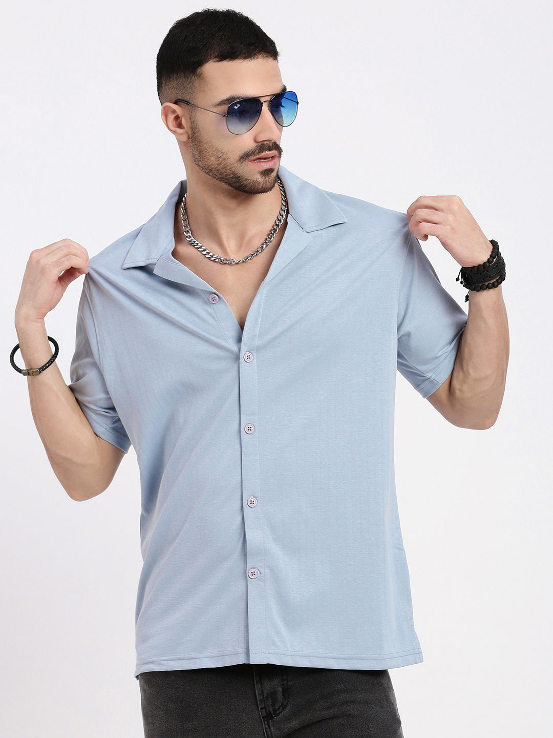 Men Blue Cuban Collar Solid Shirt