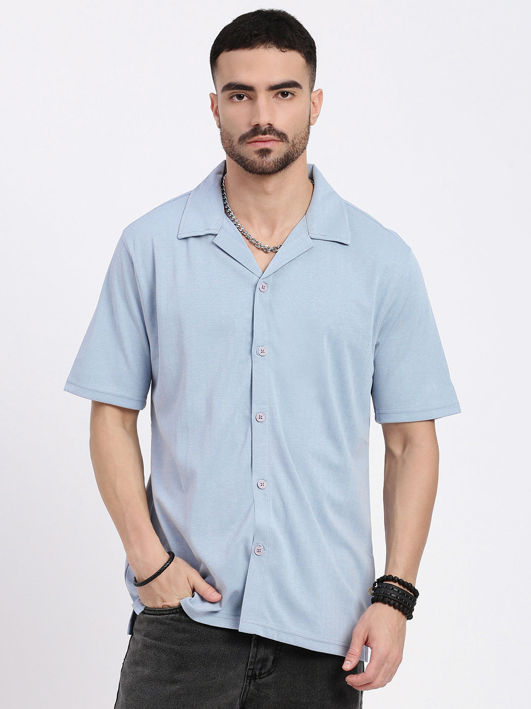 Men Blue Cuban Collar Solid Shirt