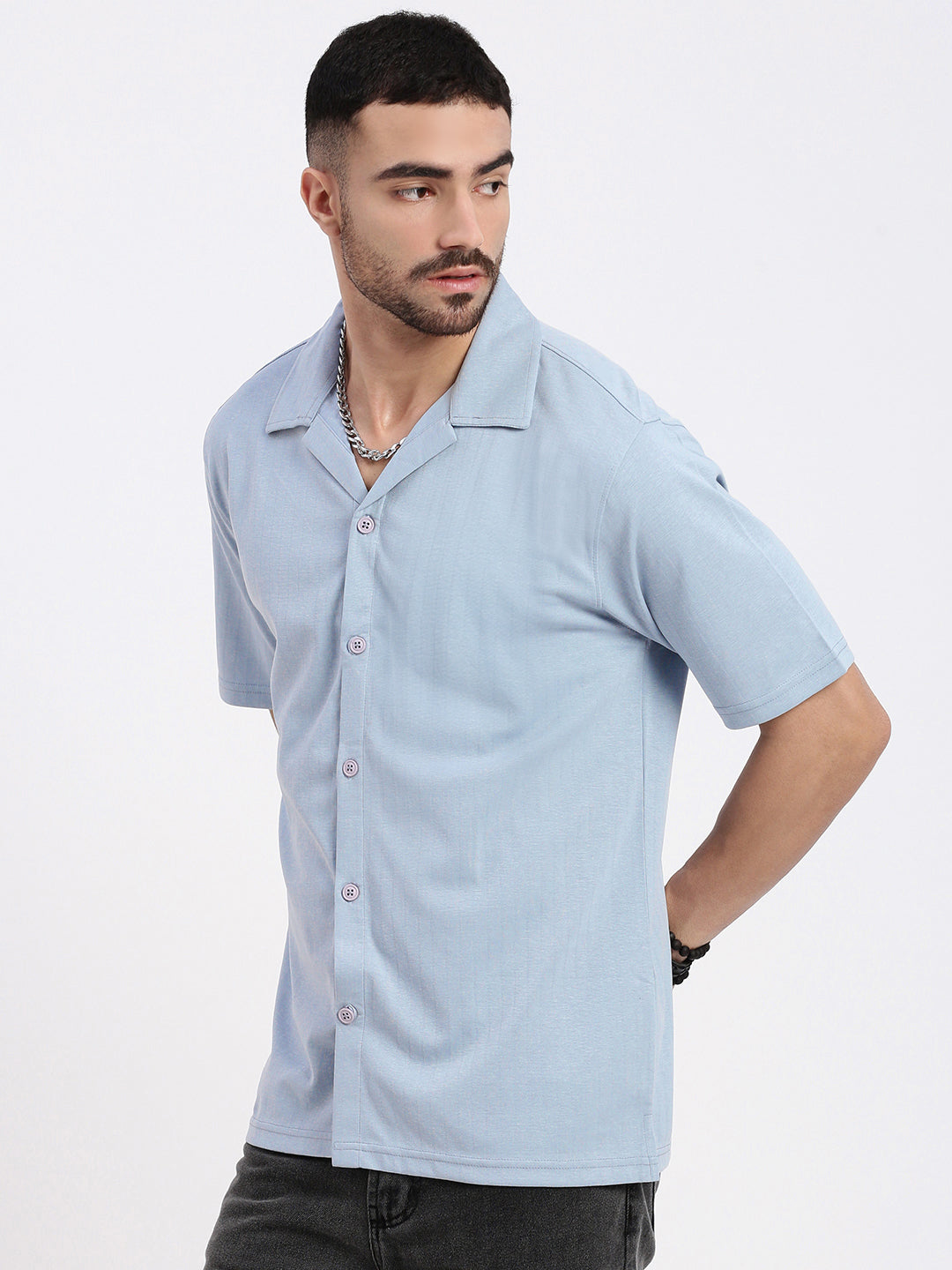 Men Blue Cuban Collar Solid Shirt