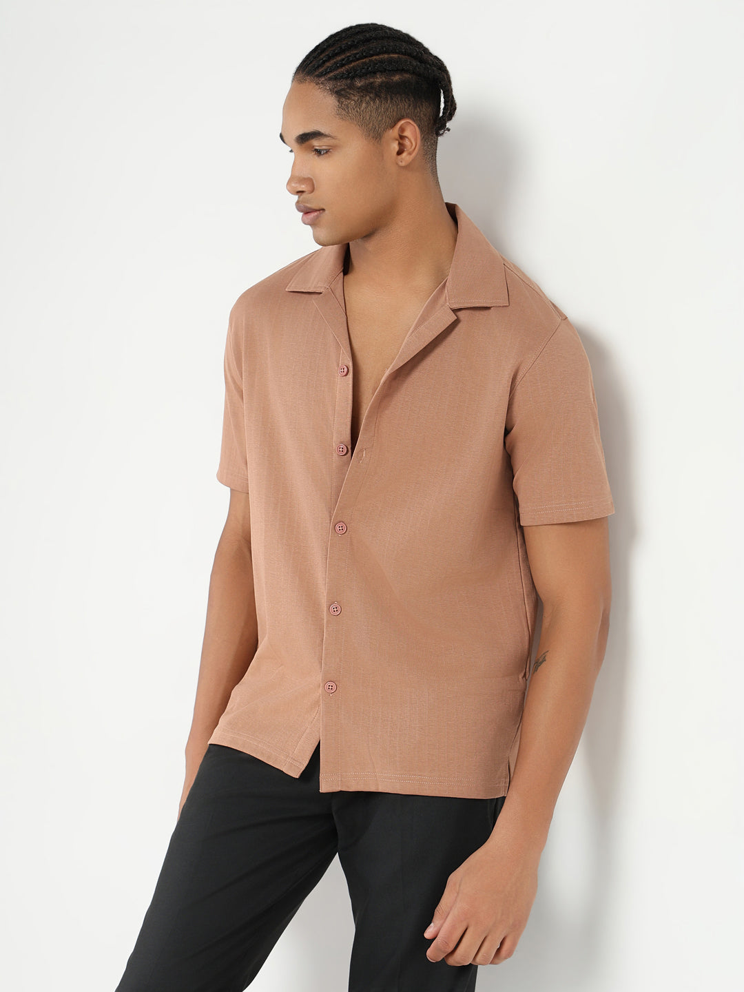 Men Brown Cuban Collar Solid Shirt