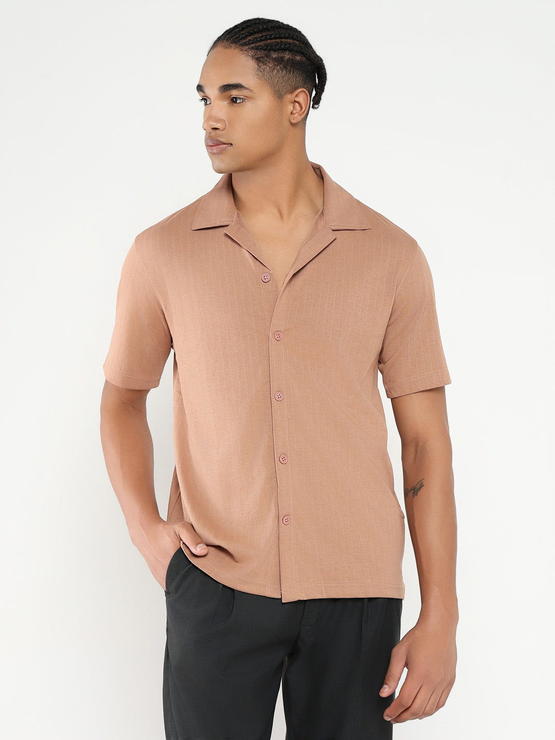 Men Brown Cuban Collar Solid Shirt