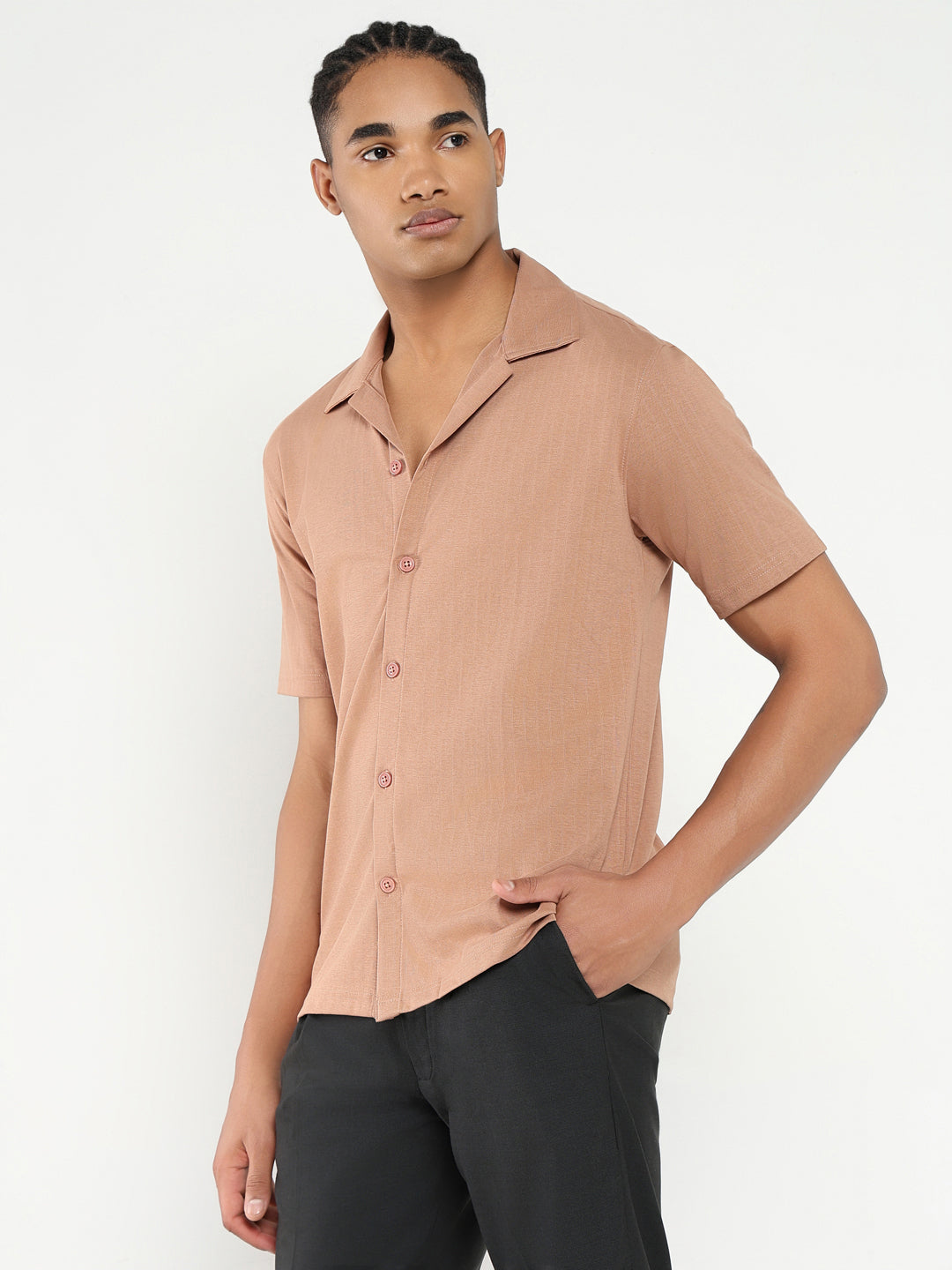 Men Brown Cuban Collar Solid Shirt