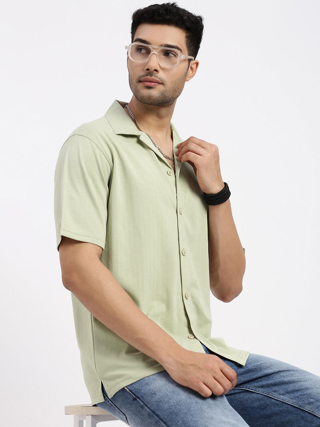 Men Green Cuban Collar Solid Shirt