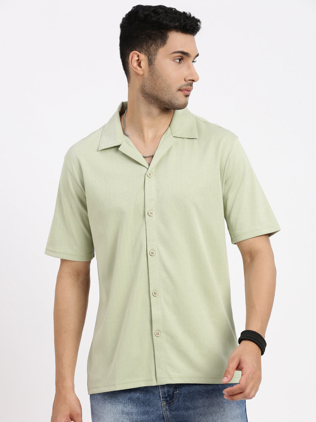 Men Green Cuban Collar Solid Shirt