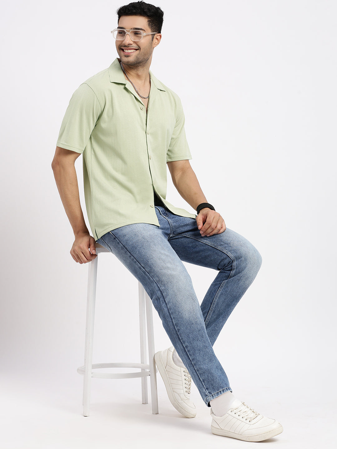 Men Green Cuban Collar Solid Shirt