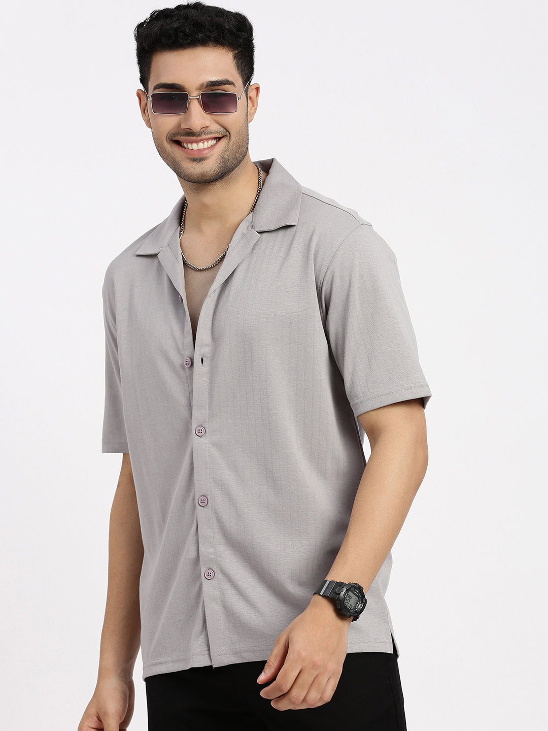 Men Grey Cuban Collar Solid Shirt