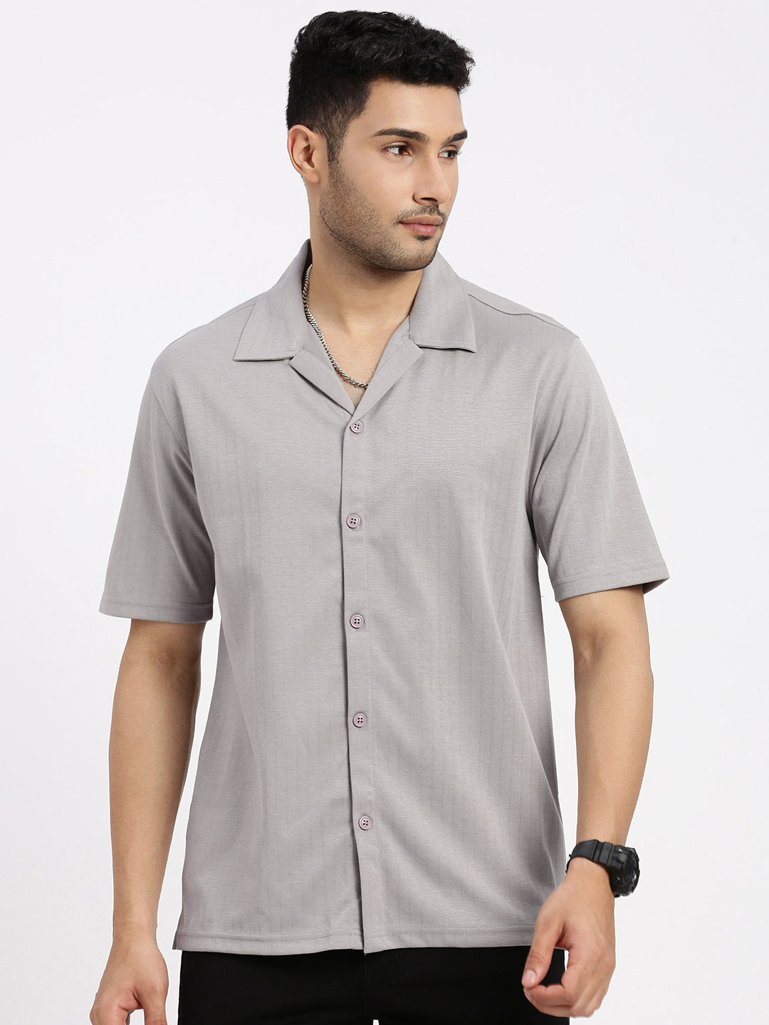 Men Grey Cuban Collar Solid Shirt