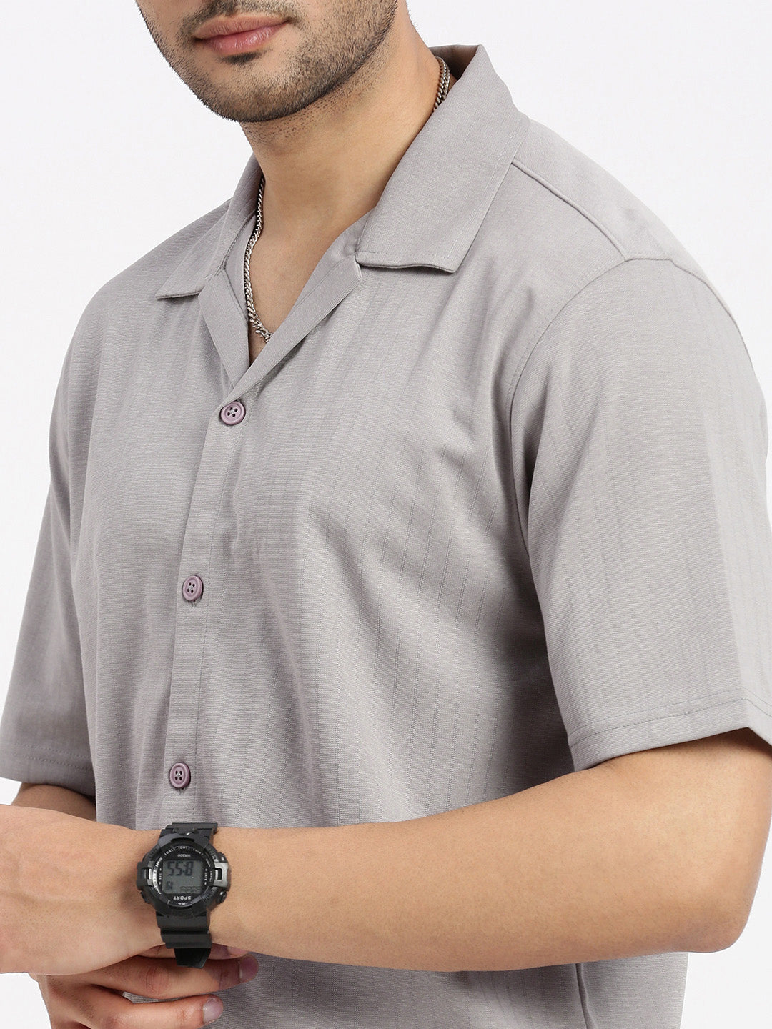 Men Grey Cuban Collar Solid Shirt