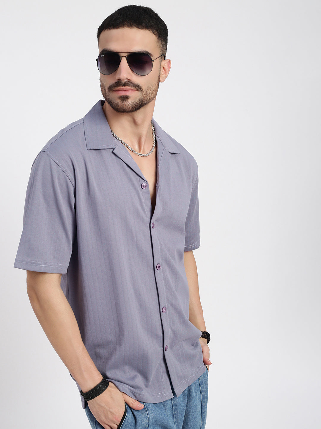 Men Lavender Cuban Collar Solid Shirt