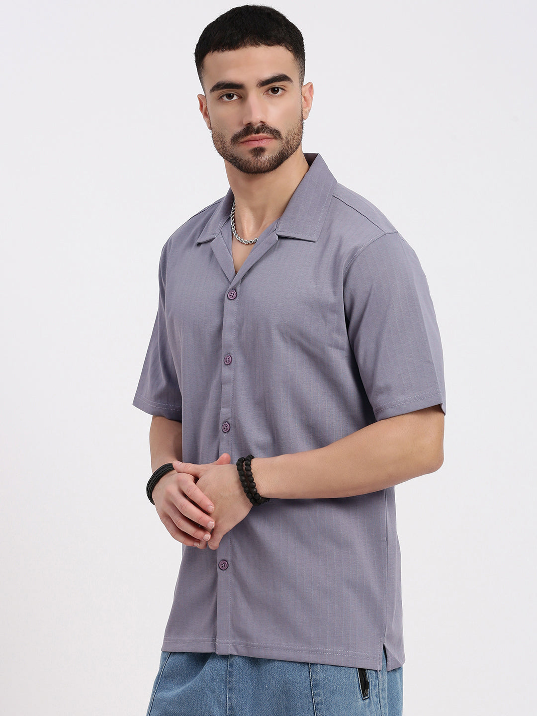 Men Lavender Cuban Collar Solid Shirt