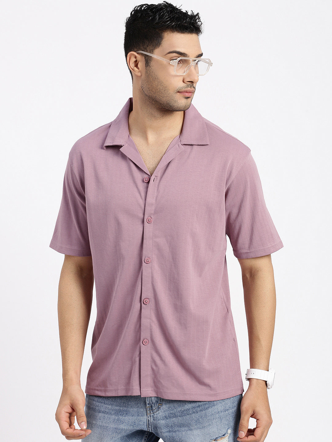 Men Mauve Cuban Collar Solid Shirt