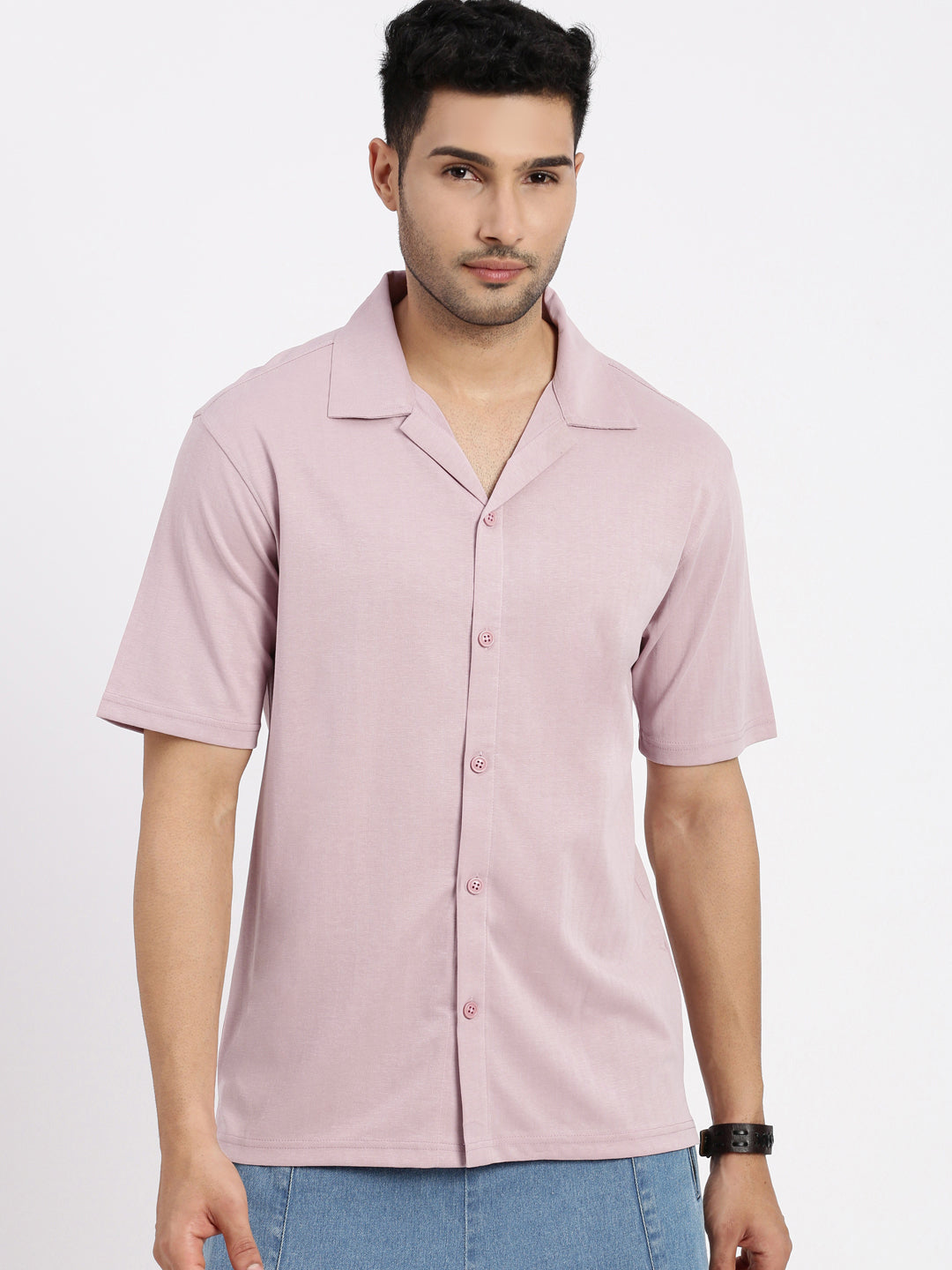 Men Peach Cuban Collar Solid Shirt