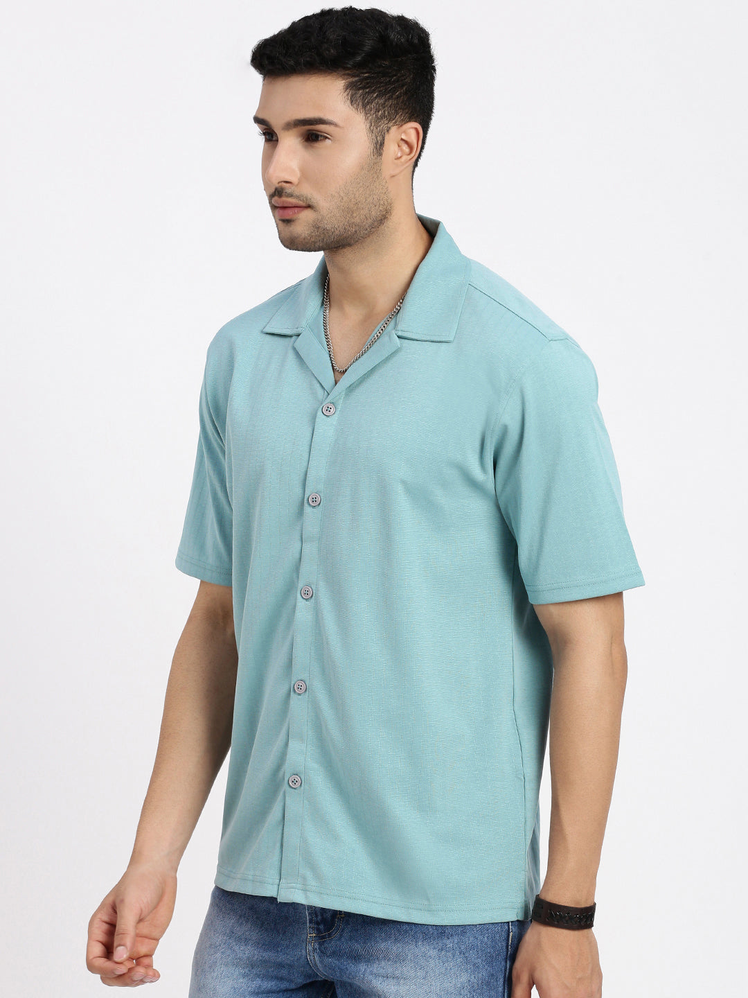 Men Sea Green Cuban Collar Solid Shirt