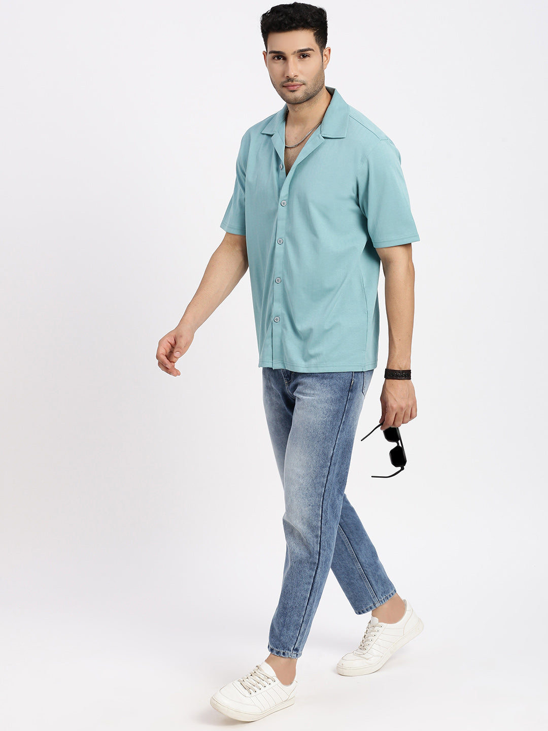 Men Sea Green Cuban Collar Solid Shirt