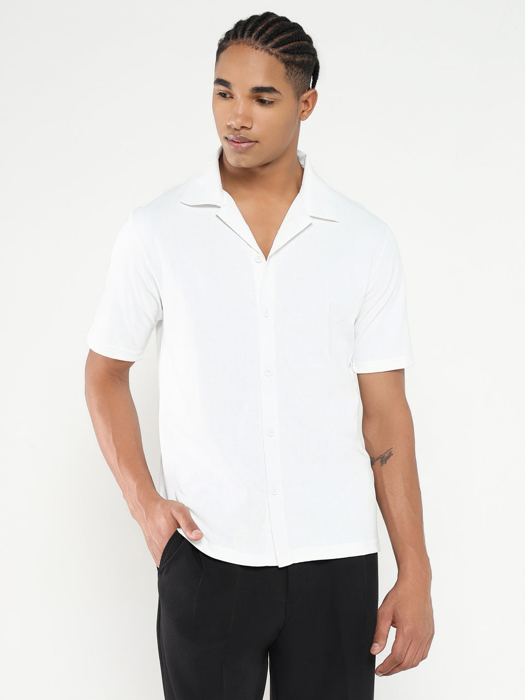 Men White Cuban Collar Solid Shirt