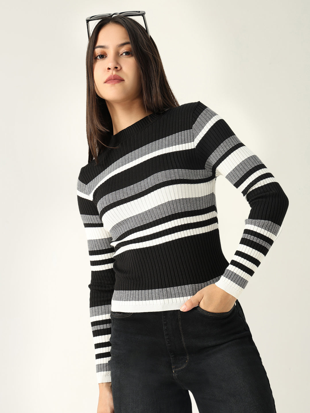 Women Striped Black Fitted Top