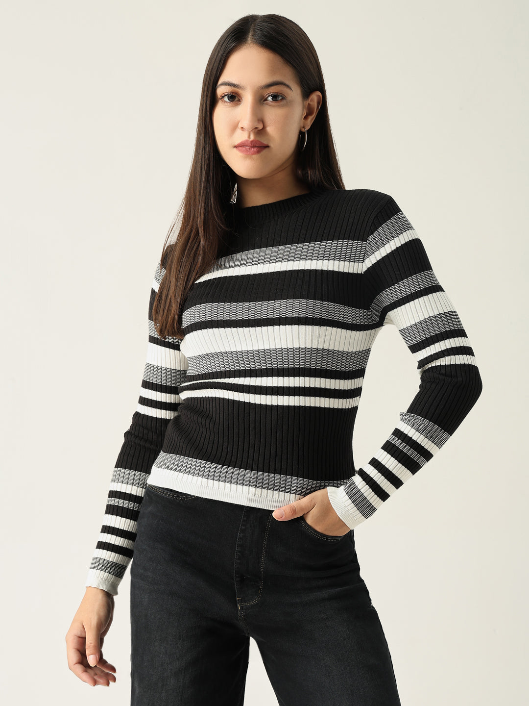 Women Striped Black Fitted Top