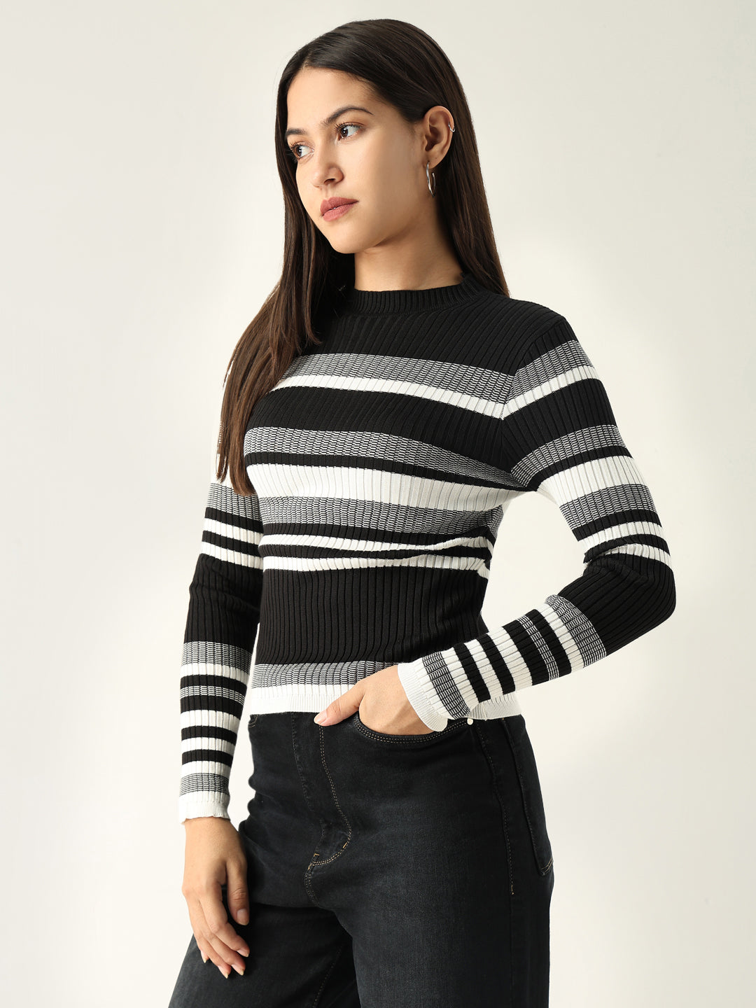 Women Striped Black Fitted Top