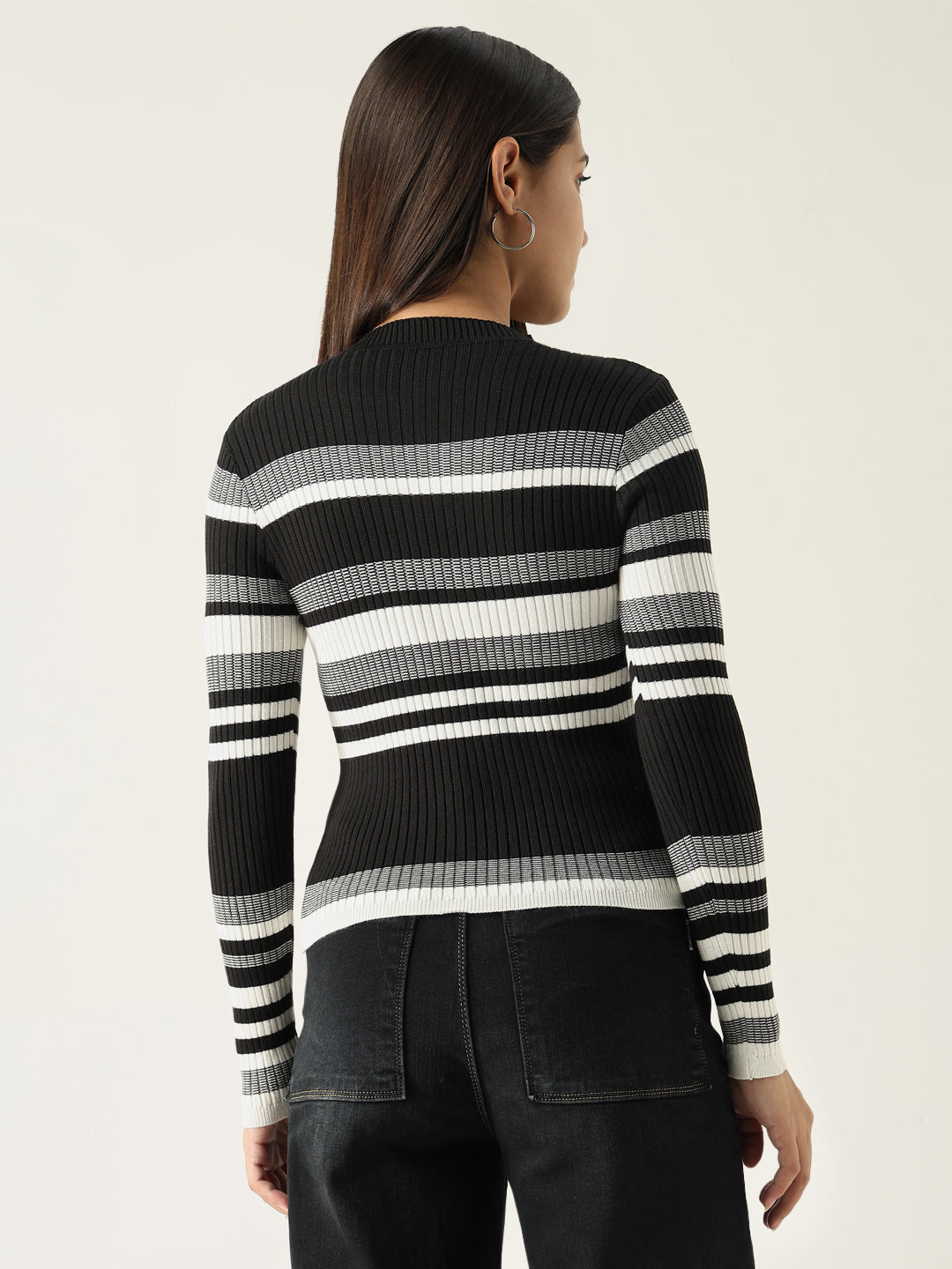 Women Striped Black Fitted Top