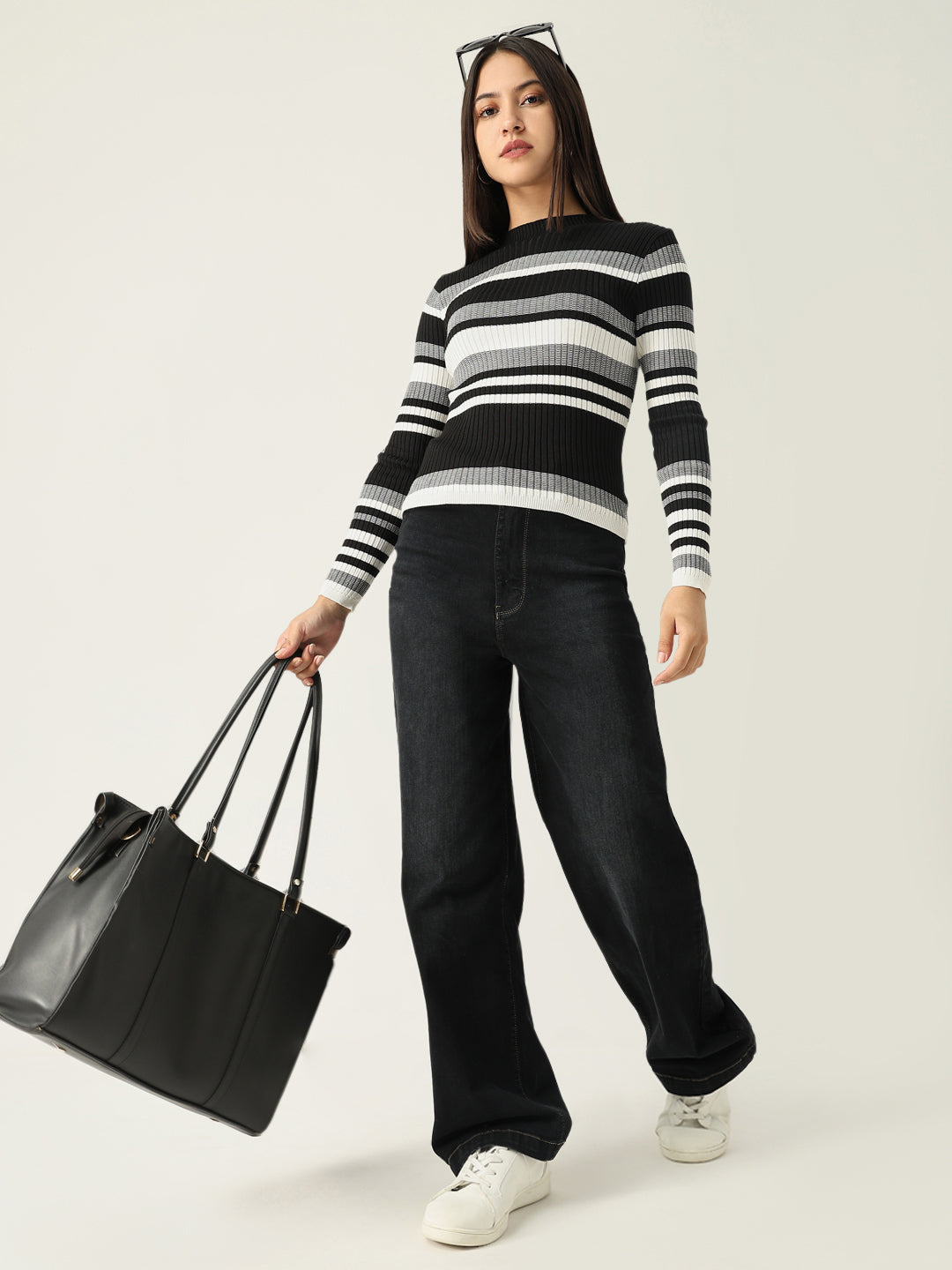 Women Striped Black Fitted Top