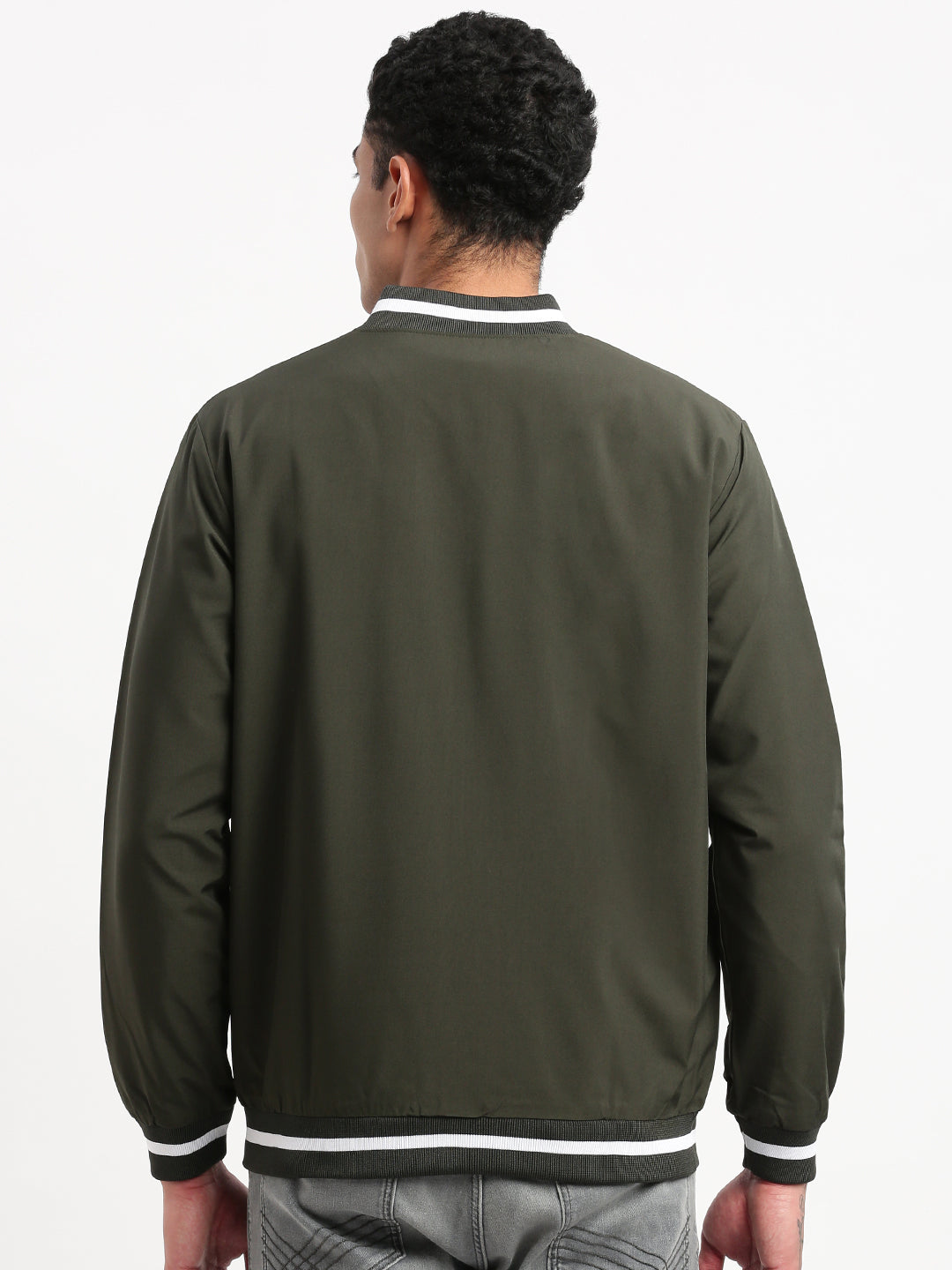 Men Mandarin Collar Olive Solid Bomber Jacket