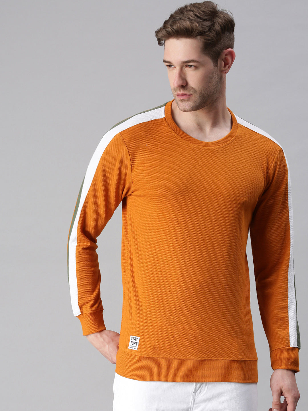 Men Striped Orange Sweatshirt