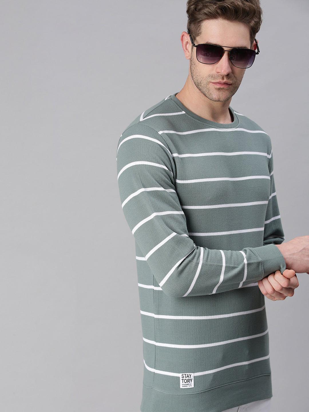 Men Striped Green Sweatshirt